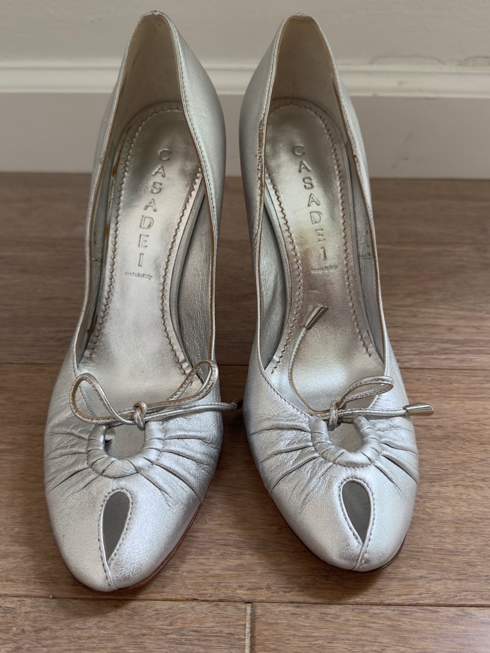 Casadei Silver Pointed Toe Pumps with Bow Detail